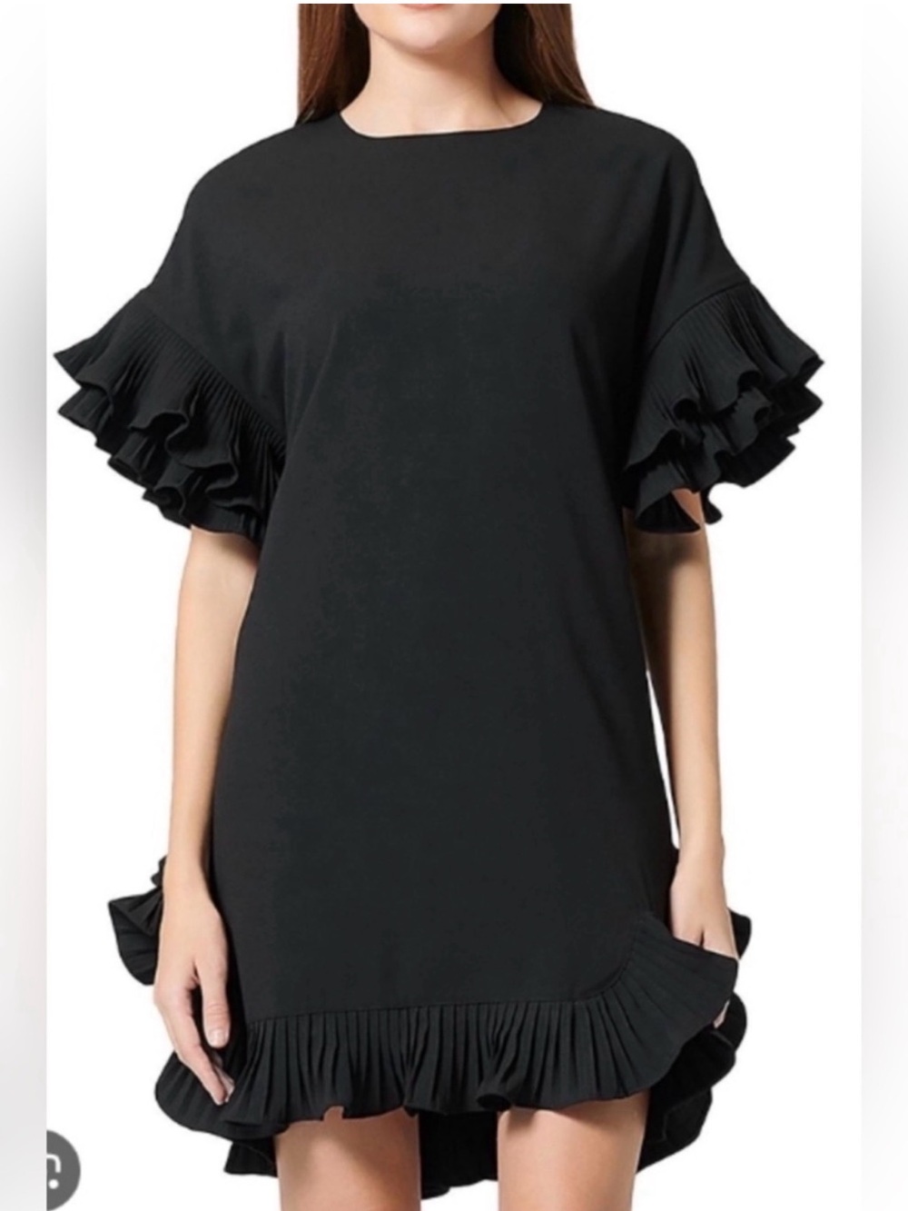 Gracia black ruffled elbow sleeve/ trim shift dress - S